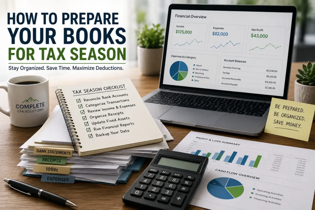 Organized bookkeeping workspace with financial reports, tax season checklist, calculator, receipts, bank statements, and accounting dashboard.