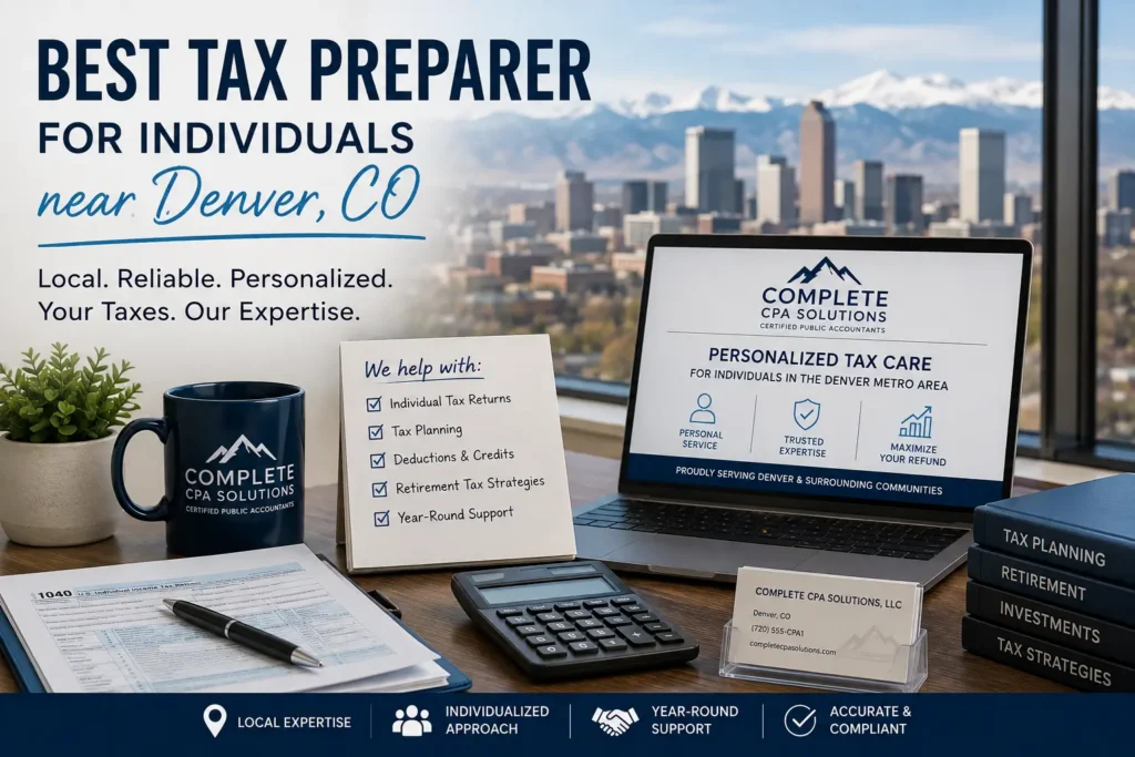 Tax preparation workspace overlooking Denver with Form 1040, calculator, tax planning materials, and laptop representing individual tax preparation services.