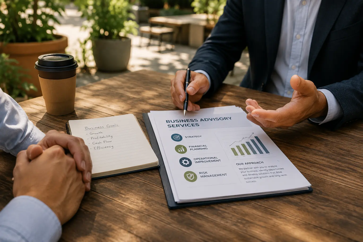 Business owner reviewing financial reports and strategic planning documents during a business advisory meeting with a CPA.