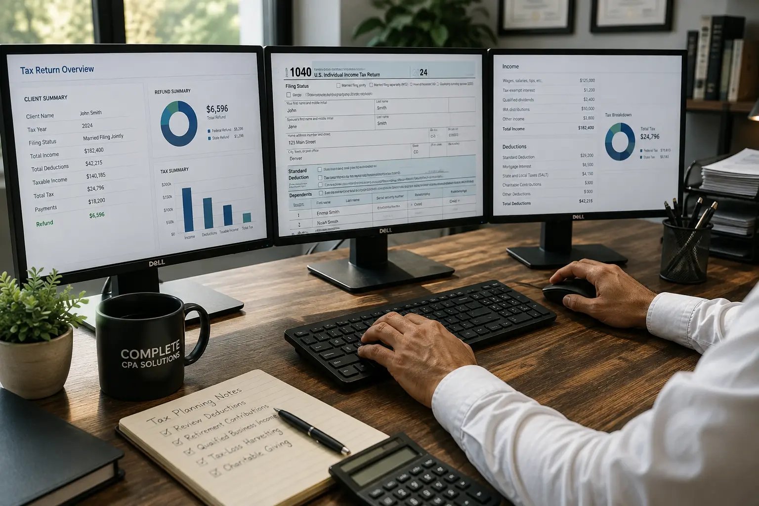 Professional tax preparation workspace with tax documents, calculator, financial records, and office supplies representing Denver tax preparation services.