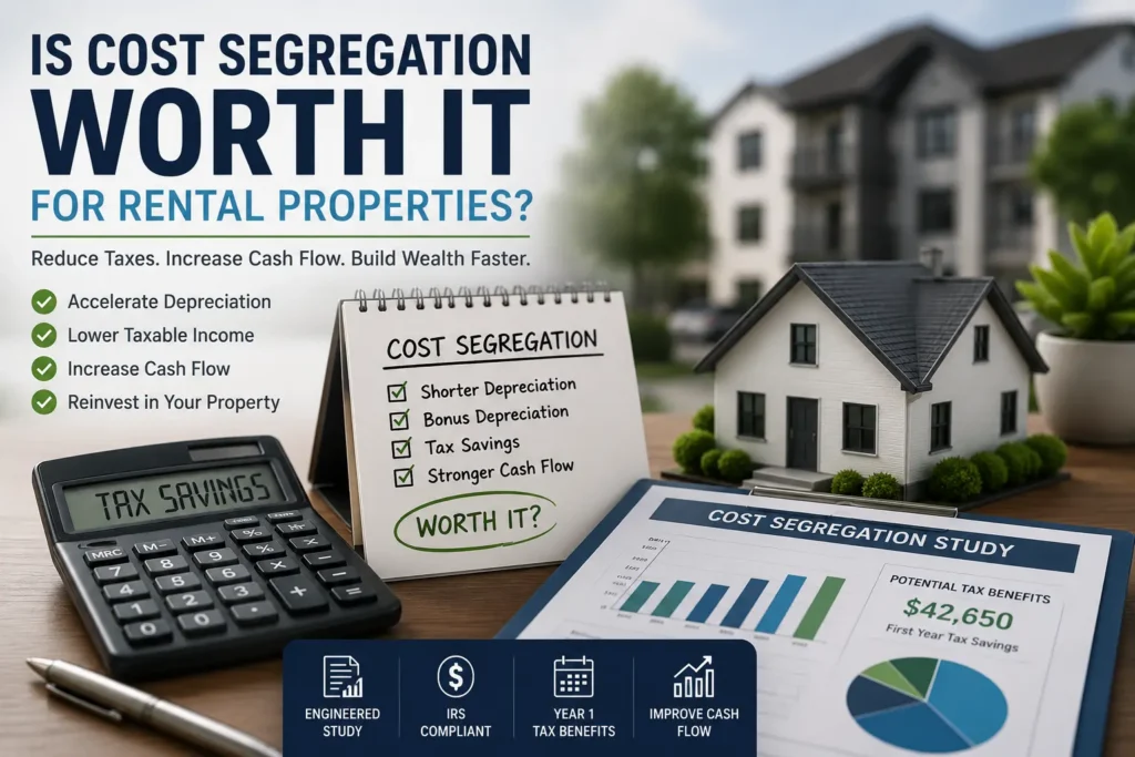 Model rental property with cost segregation study documents, calculator, and tax savings illustration showing the potential benefits of accelerated depreciation for rental property owners.
