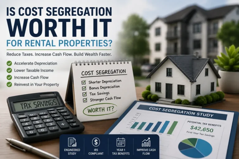 Model rental property with cost segregation study documents, calculator, and tax savings illustration showing the potential benefits of accelerated depreciation for rental property owners.
