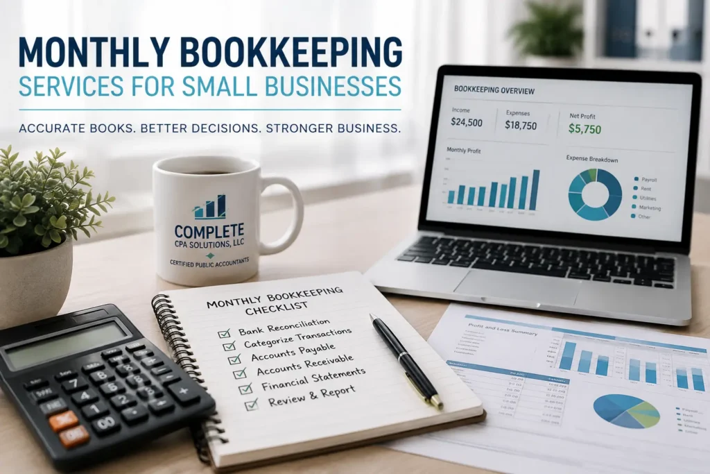 Small business owner reviewing monthly bookkeeping and financial statements
