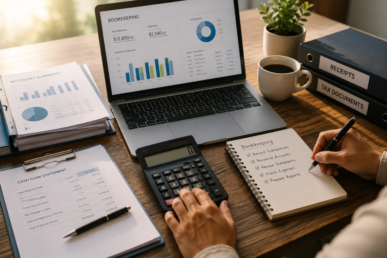 Laptop displaying bookkeeping reports with financial documents and office workspace representing small business bookkeeping services.