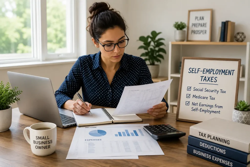 Self-employed business owner reviewing tax documents with a calculator and laptop to calculate self-employment taxes.