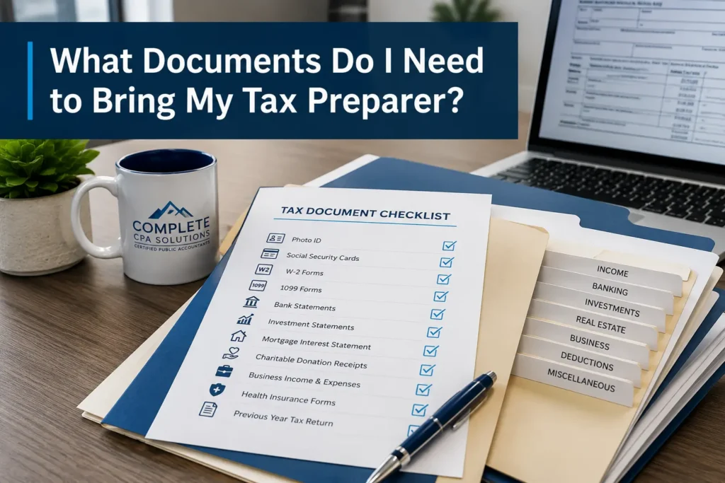Tax document checklist with W-2s, 1099s, bank statements, investment records, deductions, and other documents to bring to a tax preparer.