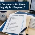 Tax document checklist with W-2s, 1099s, bank statements, investment records, deductions, and other documents to bring to a tax preparer.