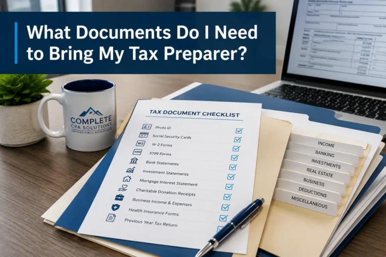 Tax document checklist with W-2s, 1099s, bank statements, investment records, deductions, and other documents to bring to a tax preparer.