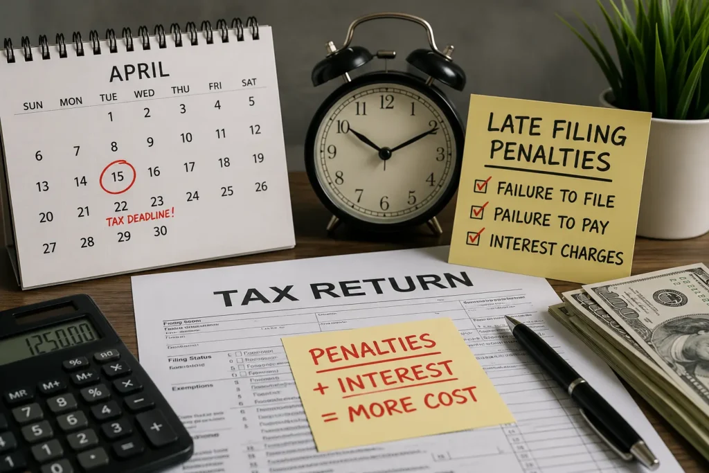 Calendar highlighting the tax filing deadline with a tax return, calculator, and reminder about IRS late filing penalties and interest charges.